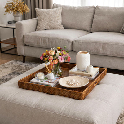 La Jolla Square Rattan Jumbo Sized Centerpiece and Ottoman Tray