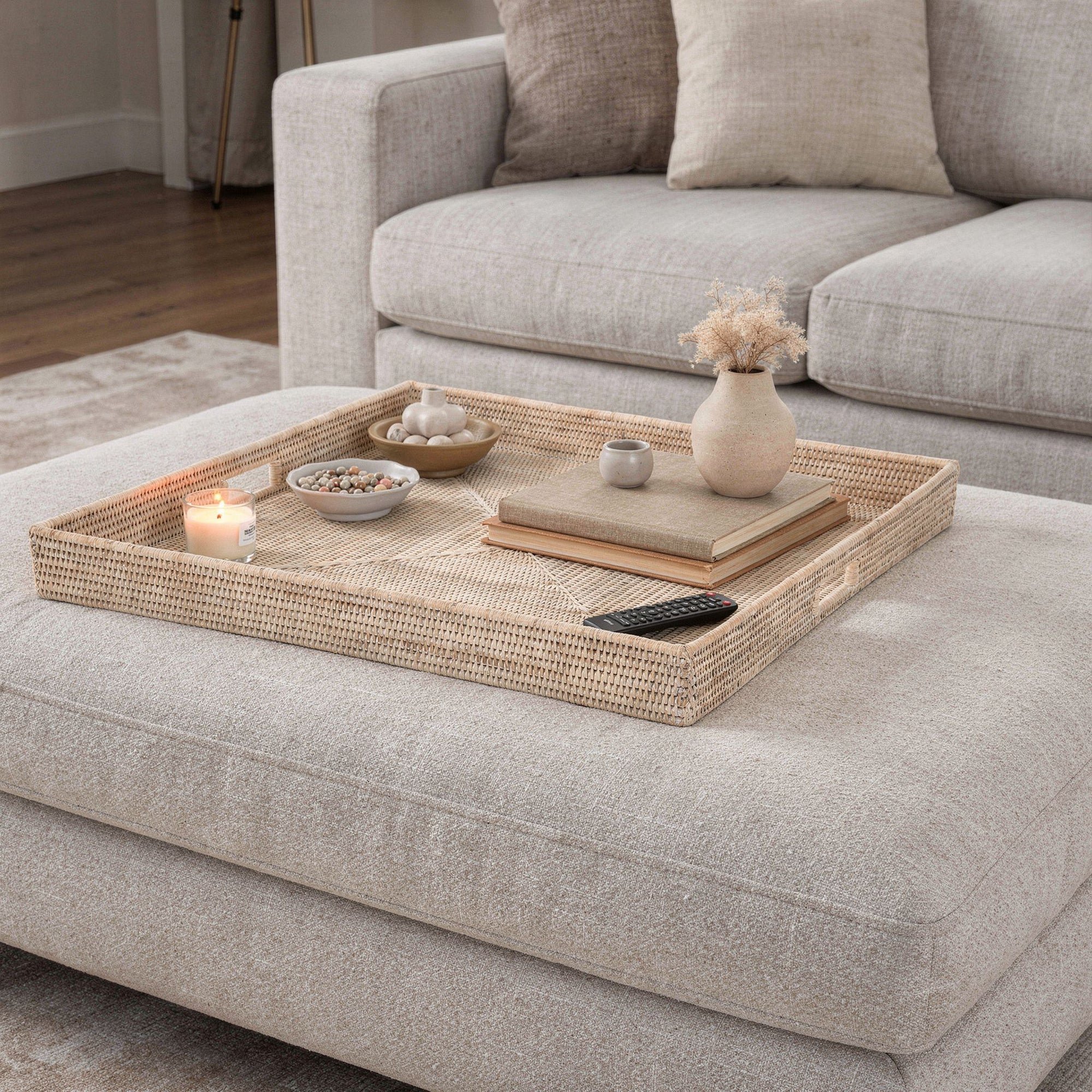 La Jolla Square Rattan Jumbo Sized Centerpiece and Ottoman Tray
