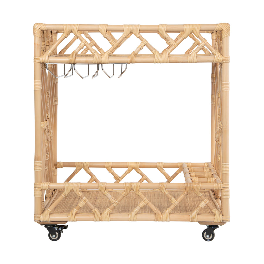 Chippendale Rattan 2-Tier Bar Serving Cart on Lockable Wheels