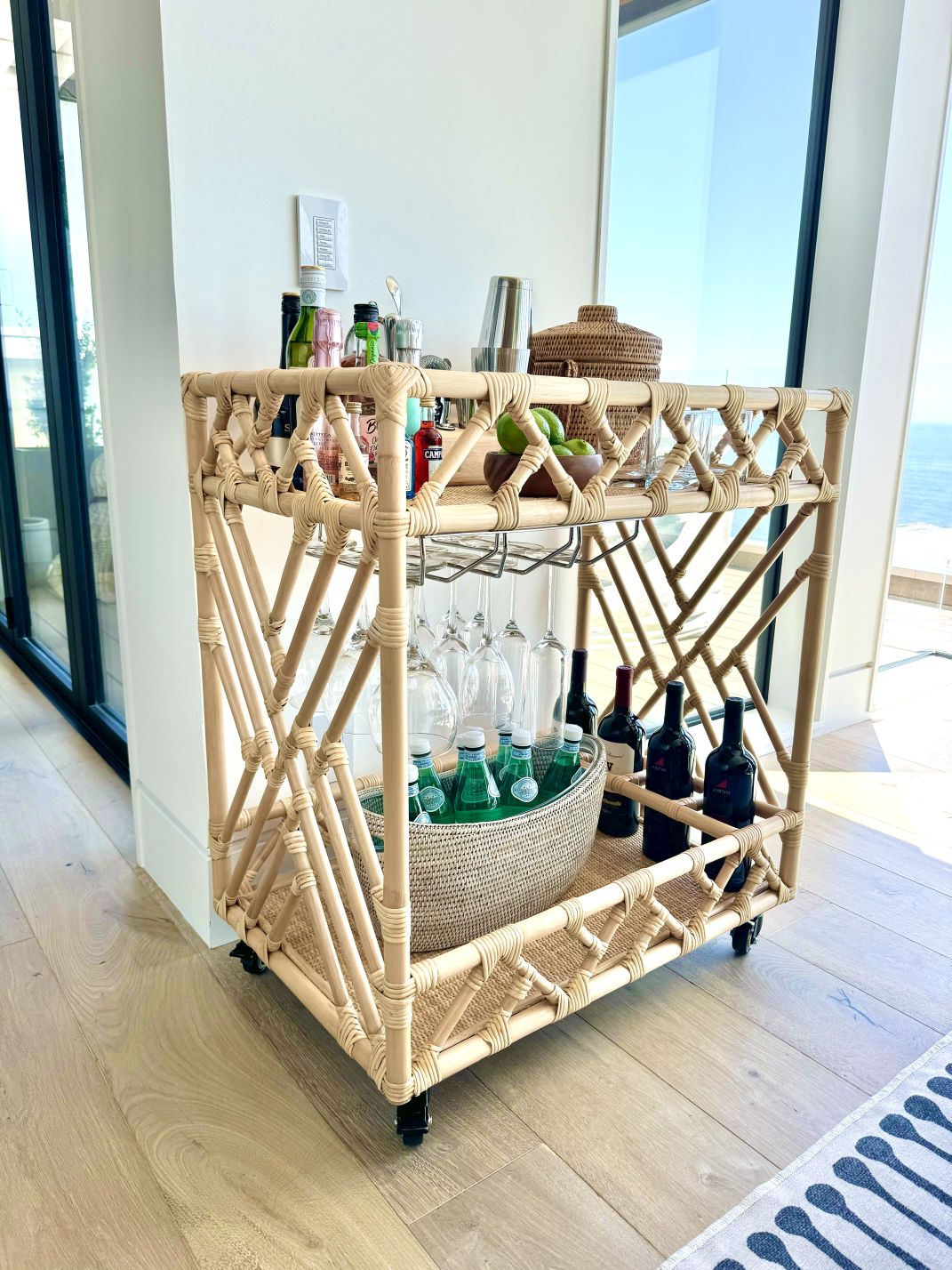 Chippendale Rattan 2-Tier Bar Serving Cart on Lockable Wheels