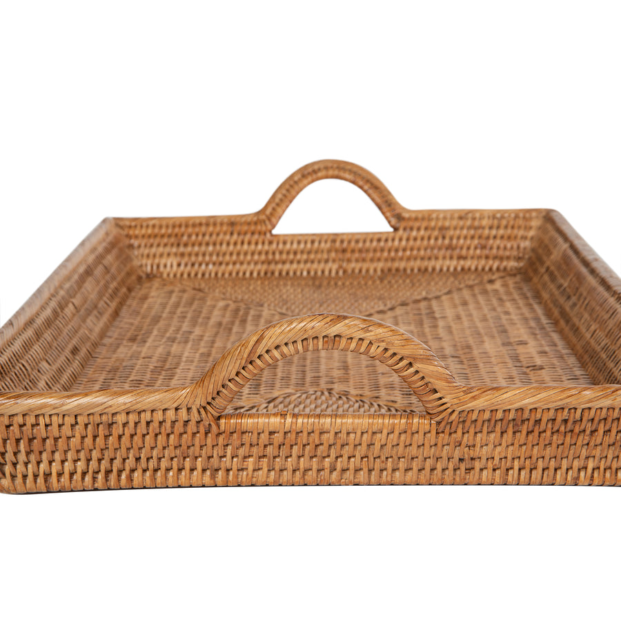 La Jolla Rattan Decorative Serving Tray with Ear Handles for Breakfast & Dinner, Ottoman Tray