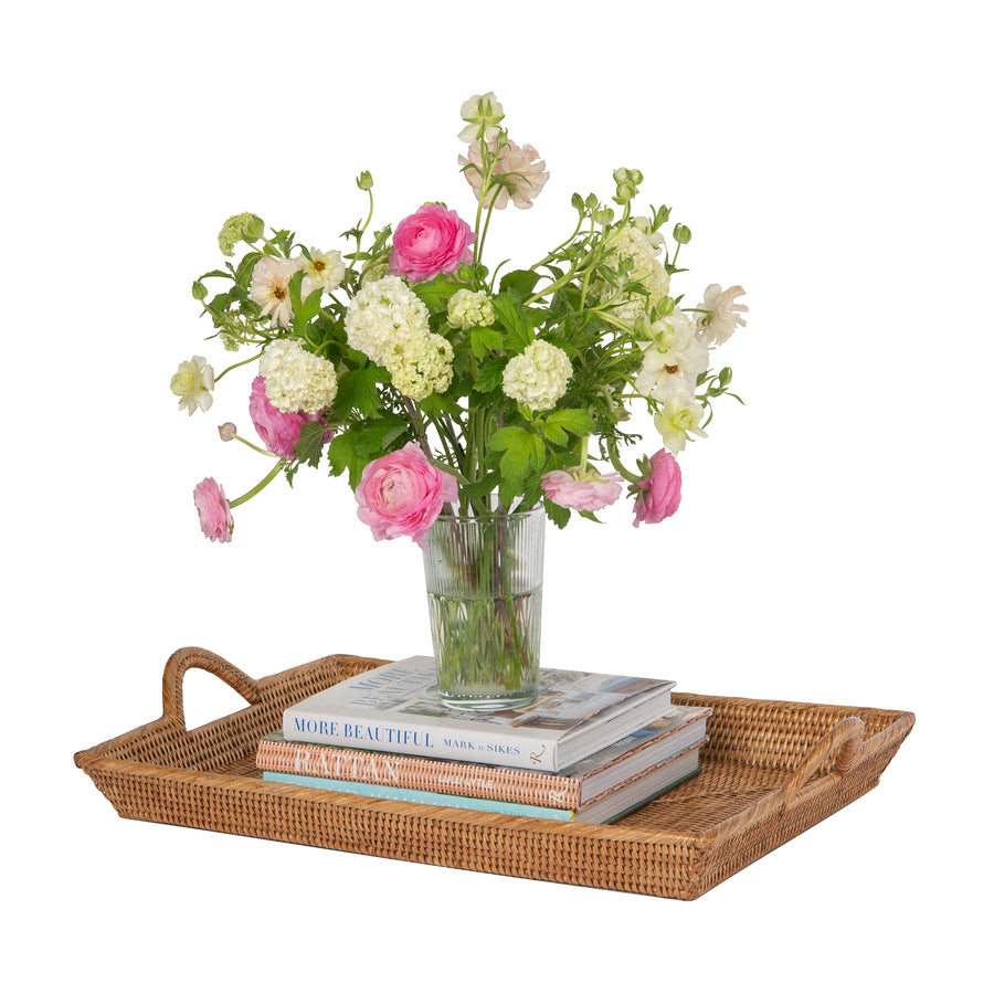 La Jolla Rattan Decorative Serving Tray with Ear Handles for Breakfast & Dinner, Ottoman Tray