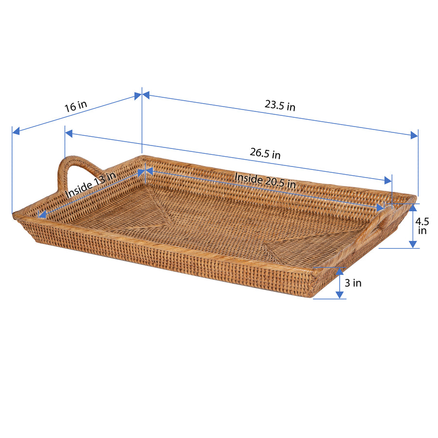 La Jolla Rattan Decorative Serving Tray with Ear Handles for Breakfast & Dinner, Ottoman Tray