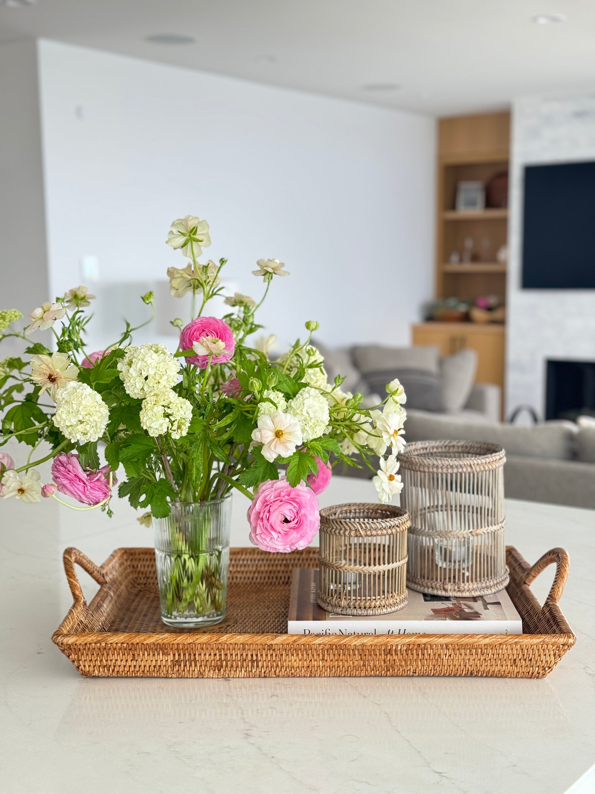 La Jolla Rattan Decorative Serving Tray with Ear Handles for Breakfast & Dinner, Ottoman Tray