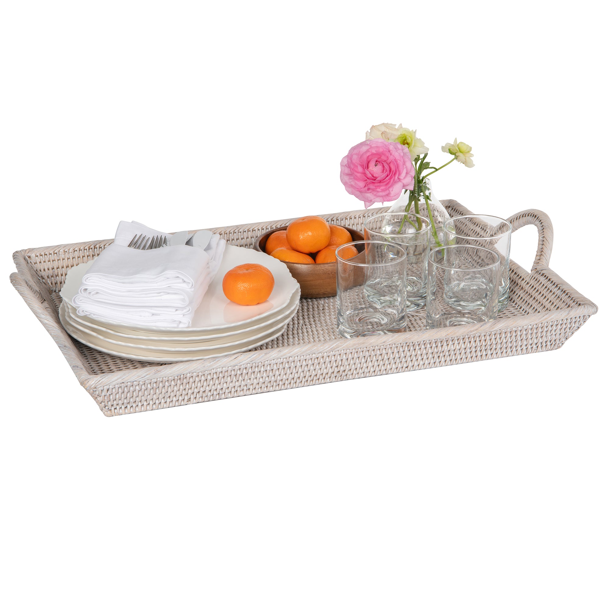 La Jolla Rattan Decorative Serving Tray with Ear Handles for Breakfast & Dinner, Ottoman Tray