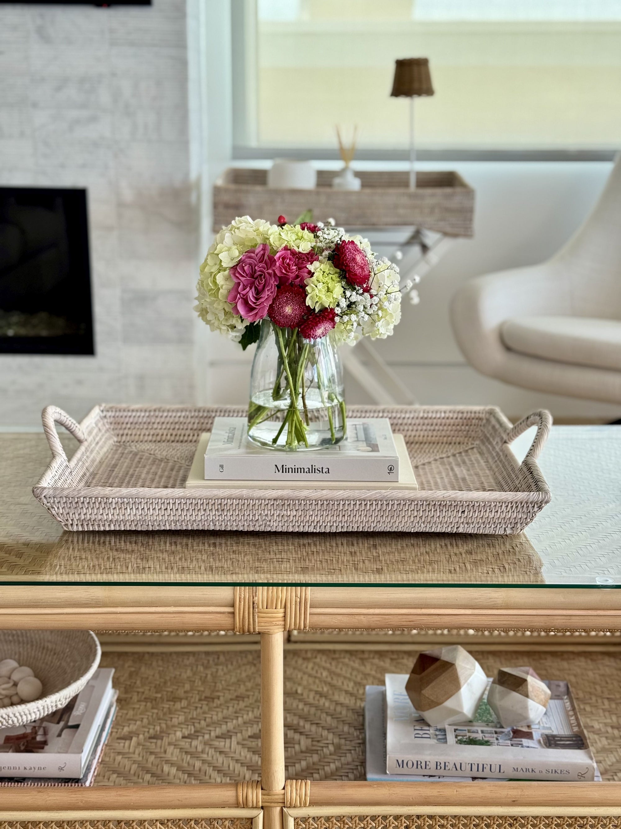 La Jolla Rattan Decorative Serving Tray with Ear Handles for Breakfast & Dinner, Ottoman Tray