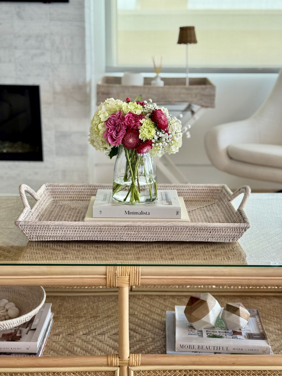 La Jolla Rattan Decorative Serving Tray with Ear Handles for Breakfast & Dinner, Ottoman Tray