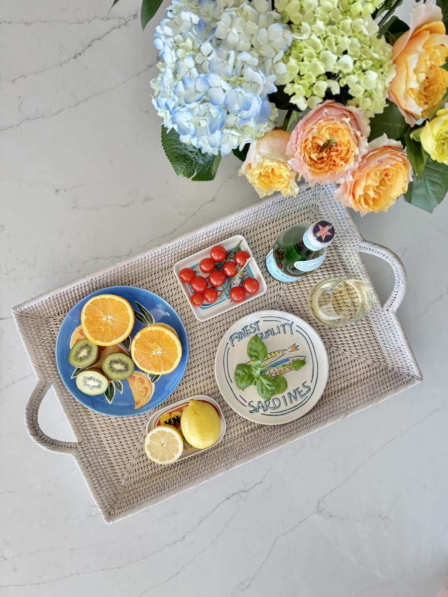La Jolla Rattan Decorative Serving Tray with Ear Handles for Breakfast & Dinner, Ottoman Tray