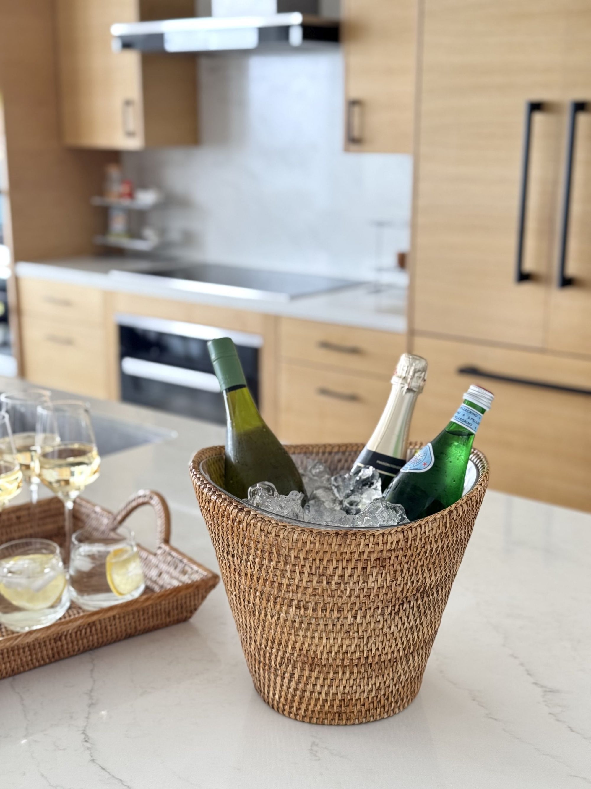 La Jolla Round Acrylic Wine & Beer Chiller in Rattan Basket, Honey-Brown