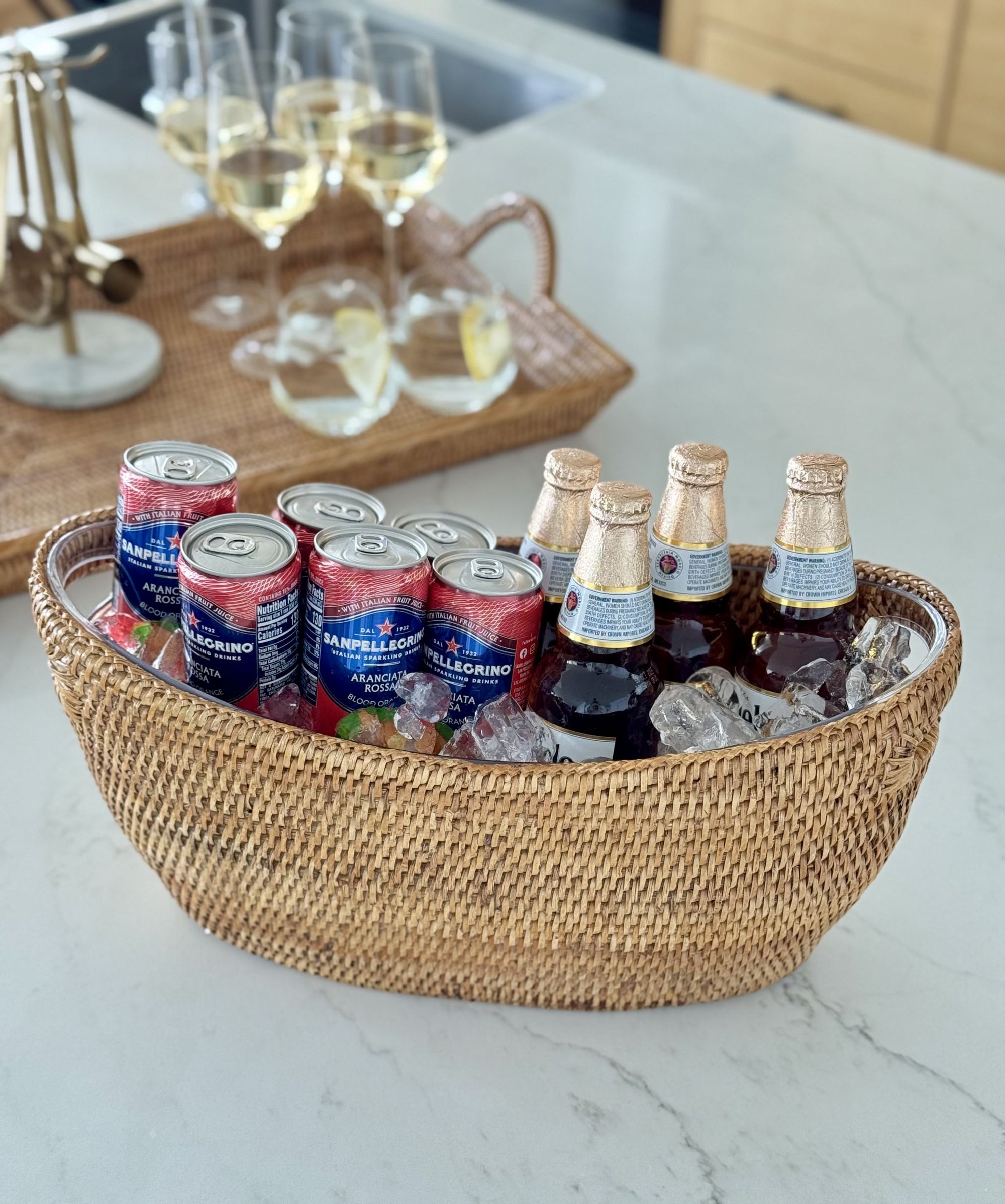 La Jolla Oblong Acrylic BBQ Beer and Softdrink Bucket in Rattan Basket, Honey-Brown