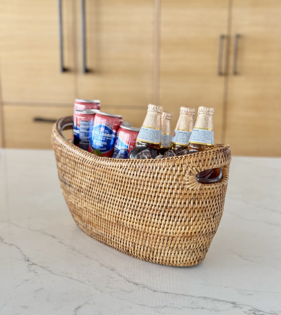 La Jolla Oblong Acrylic BBQ Beer and Softdrink Bucket in Rattan Basket, Honey-Brown