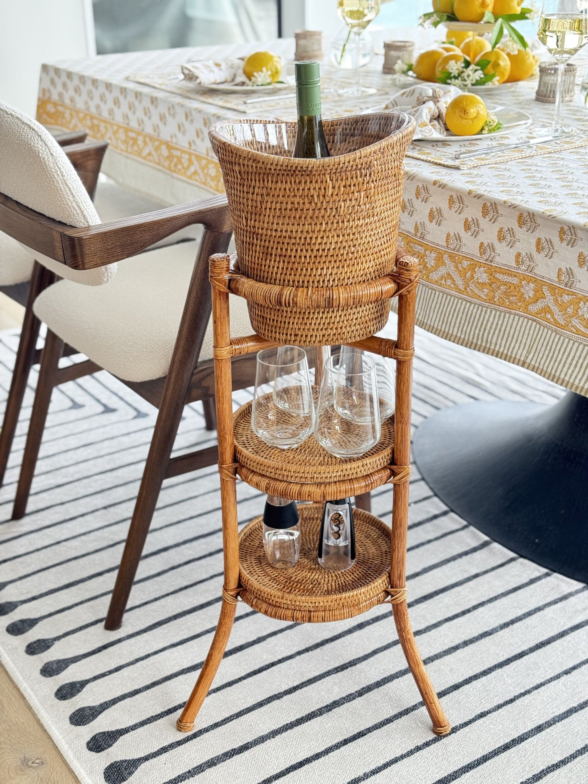 La Jolla Acrylic Champagne Bucket in Rattan Basket with with Stand, Honey-Brown