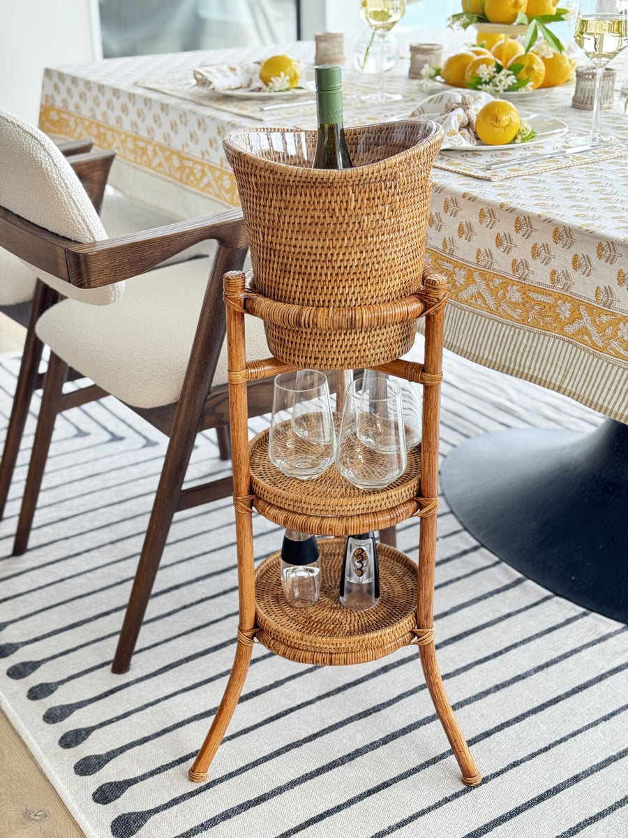 La Jolla Acrylic Champagne Bucket in Rattan Basket with with Stand, Honey-Brown