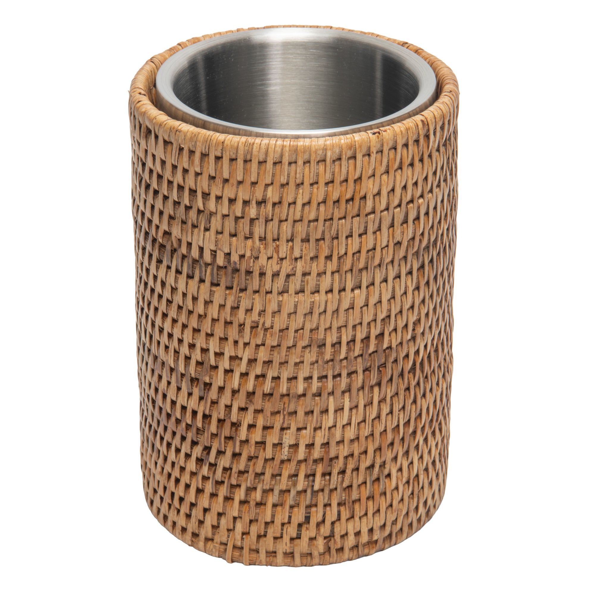 La Jolla Double-Wall Stainless Steel Single Bottle  Cooler in Rattan Sleeve, Honey-Brown