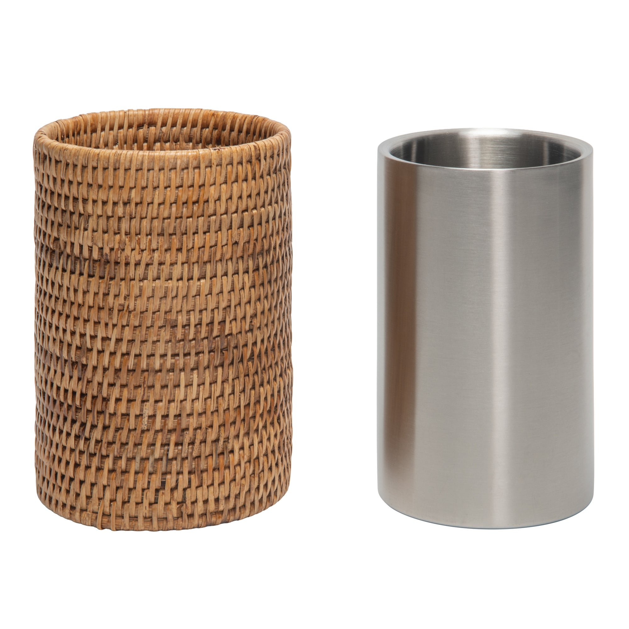 La Jolla Double-Wall Stainless Steel Single Bottle  Cooler in Rattan Sleeve, Honey-Brown