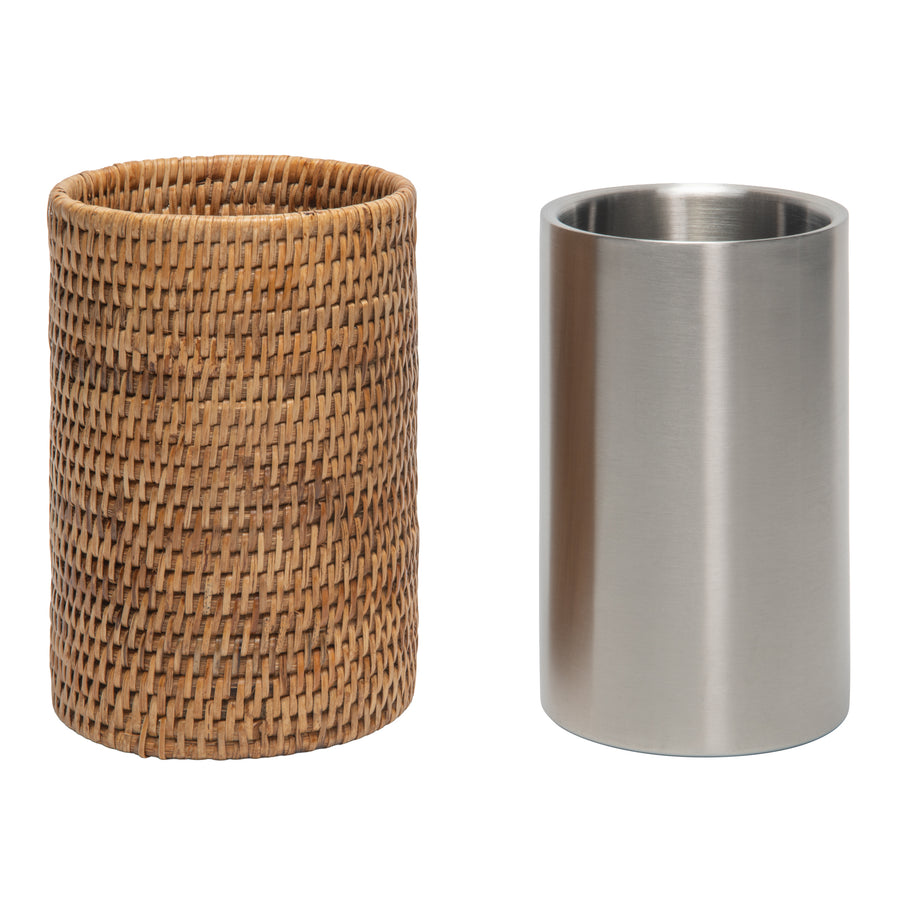 La Jolla Double-Wall Stainless Steel Single Bottle  Cooler in Rattan Sleeve, Honey-Brown