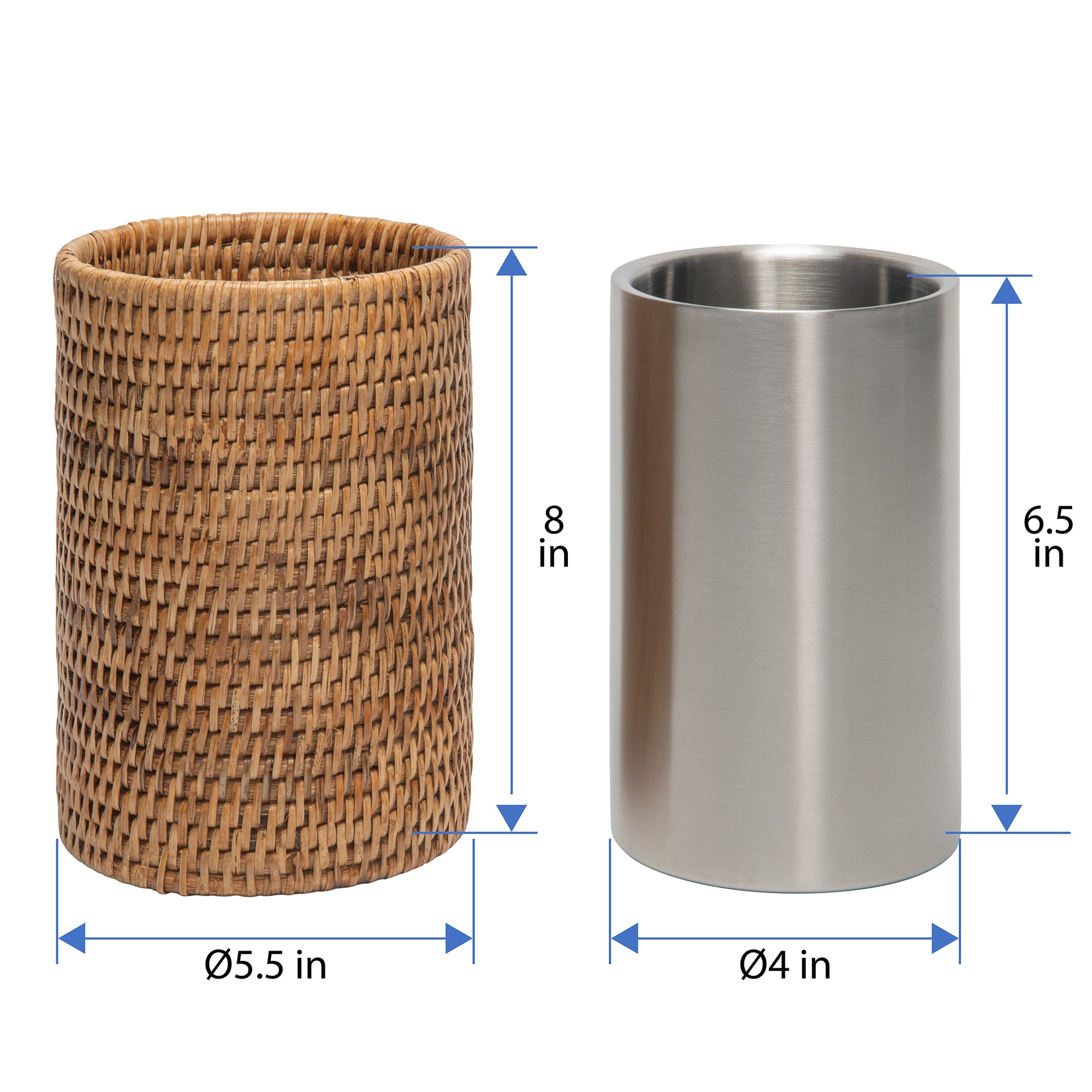 La Jolla Double-Wall Stainless Steel Single Bottle  Cooler in Rattan Sleeve, Honey-Brown