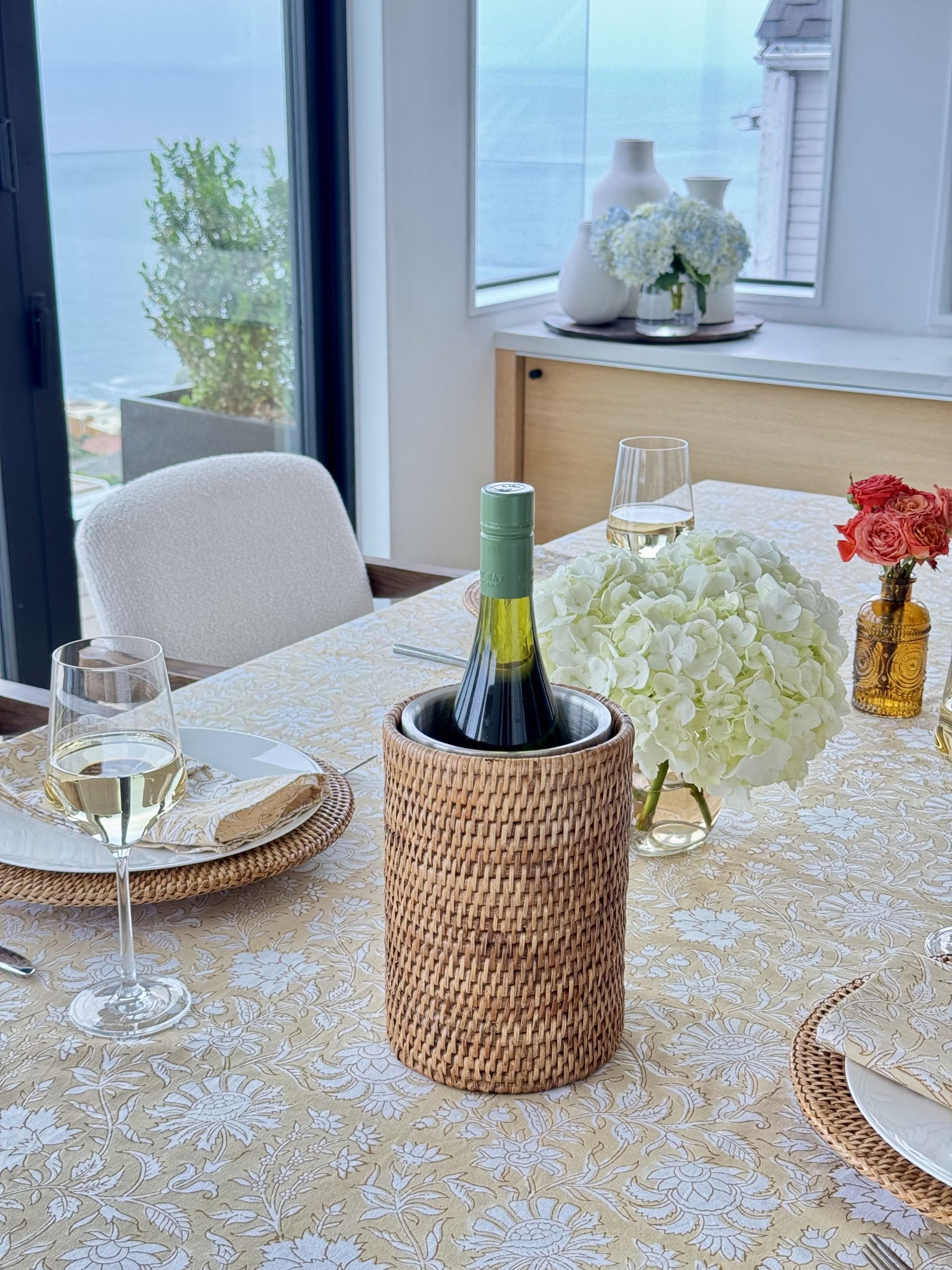 La Jolla Double-Wall Stainless Steel Single Bottle  Cooler in Rattan Sleeve, Honey-Brown