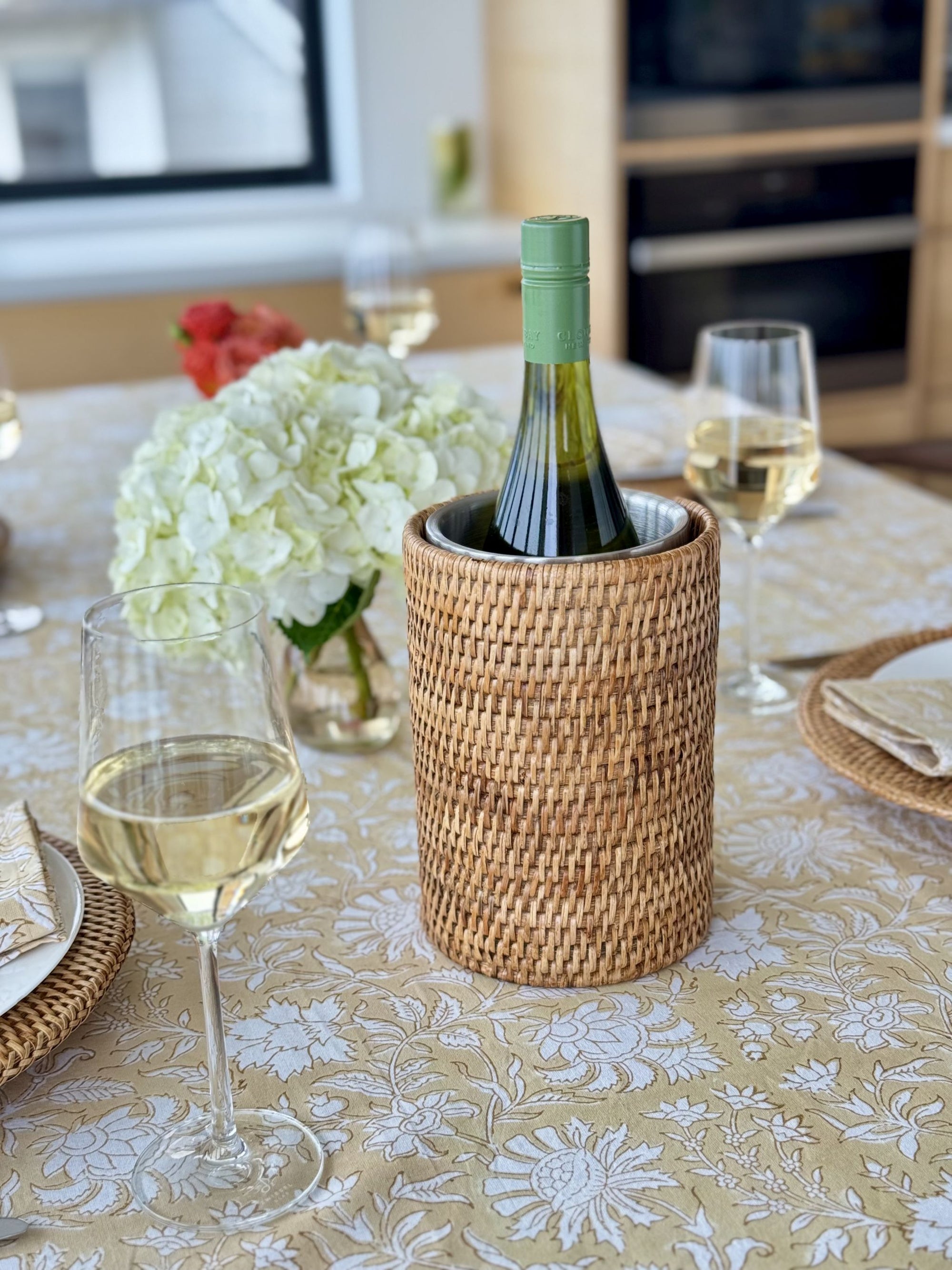 La Jolla Double-Wall Stainless Steel Single Bottle  Cooler in Rattan Sleeve, Honey-Brown