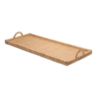 Extra Long Rattan Knotted Serving and Centerpiece Table Tray with Handles, Natural