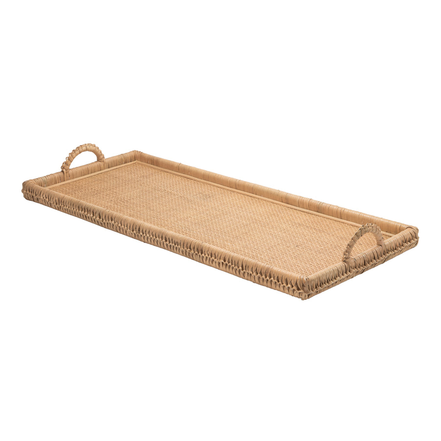 Extra Long Rattan Knotted Serving and Centerpiece Table Tray with Handles, Natural