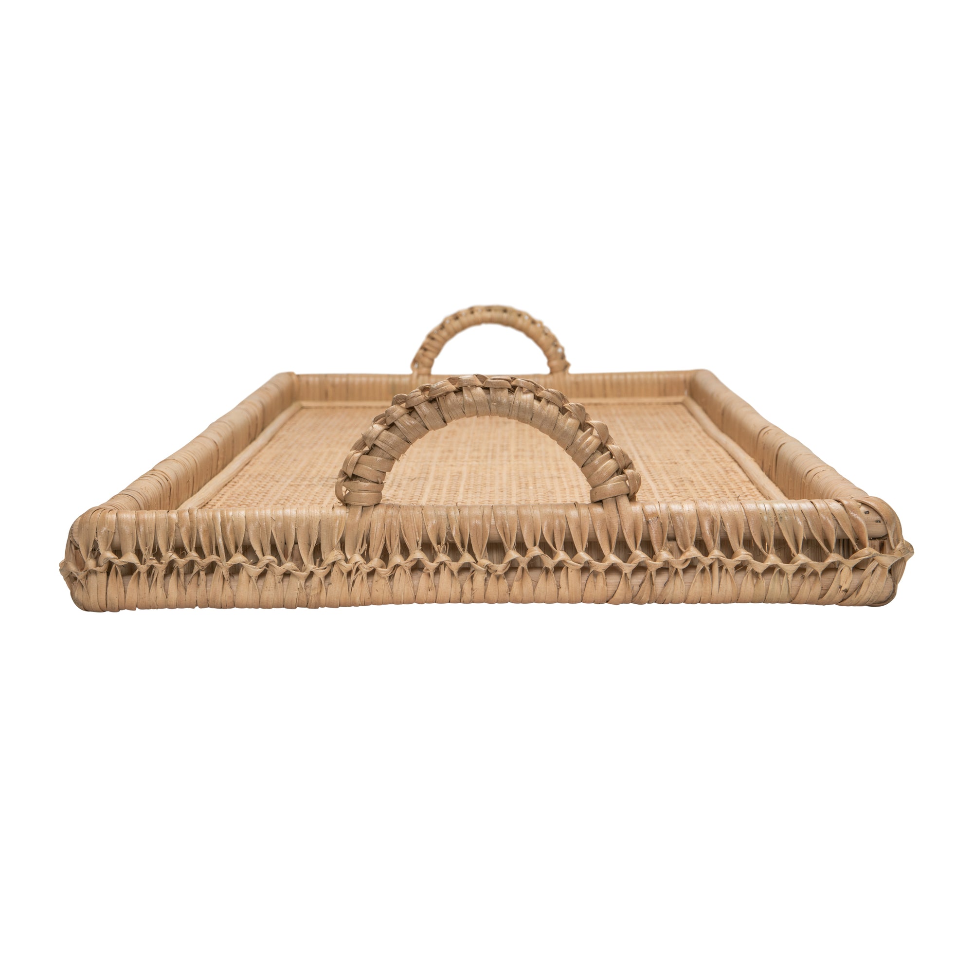 Extra Long Rattan Knotted Serving and Centerpiece Table Tray with Handles, Natural