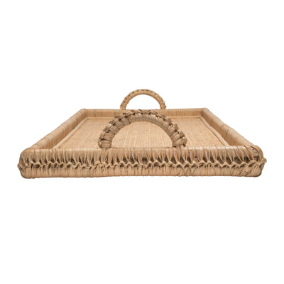 Extra Long Rattan Knotted Serving and Centerpiece Table Tray with Handles, Natural