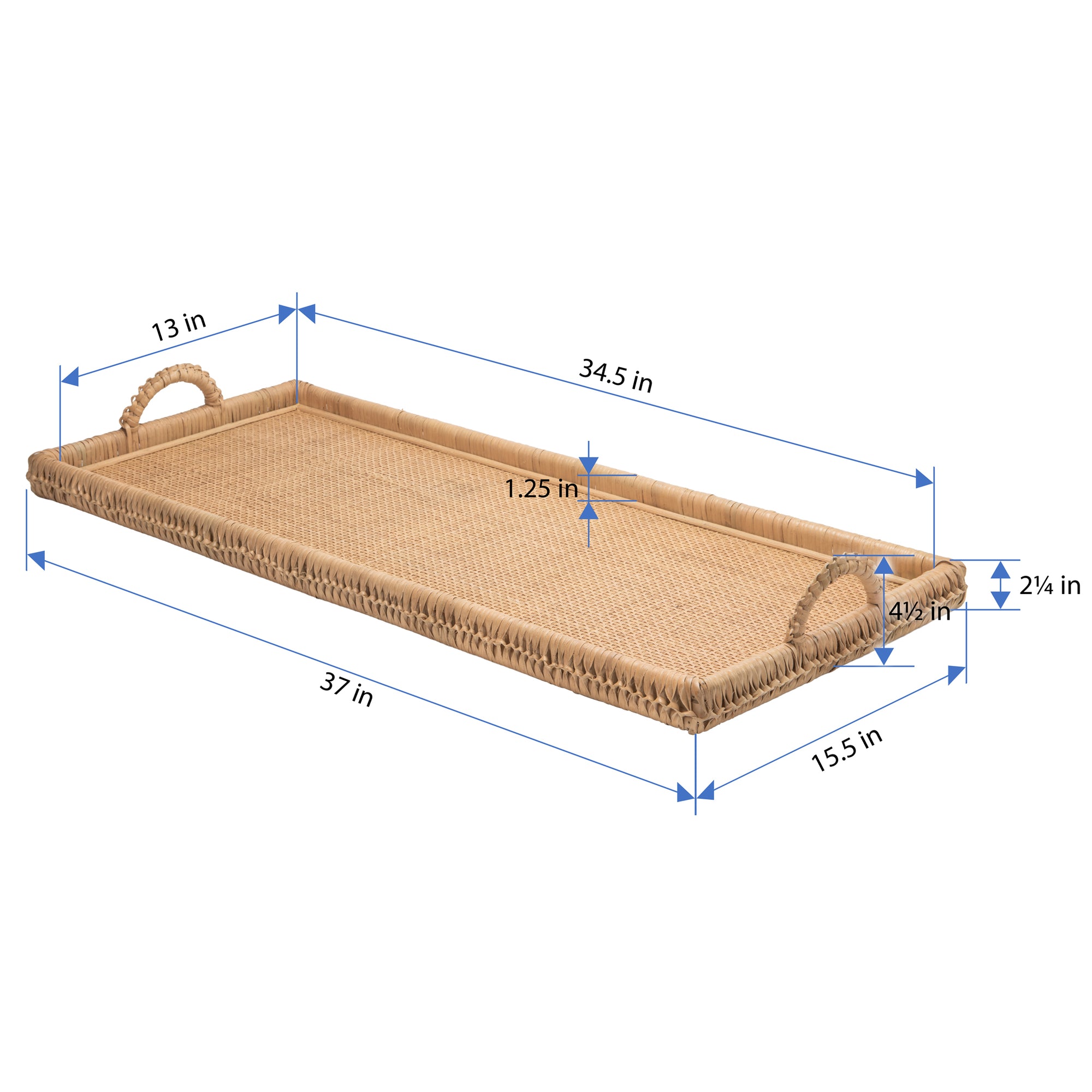 Extra Long Rattan Knotted Serving and Centerpiece Table Tray with Handles, Natural