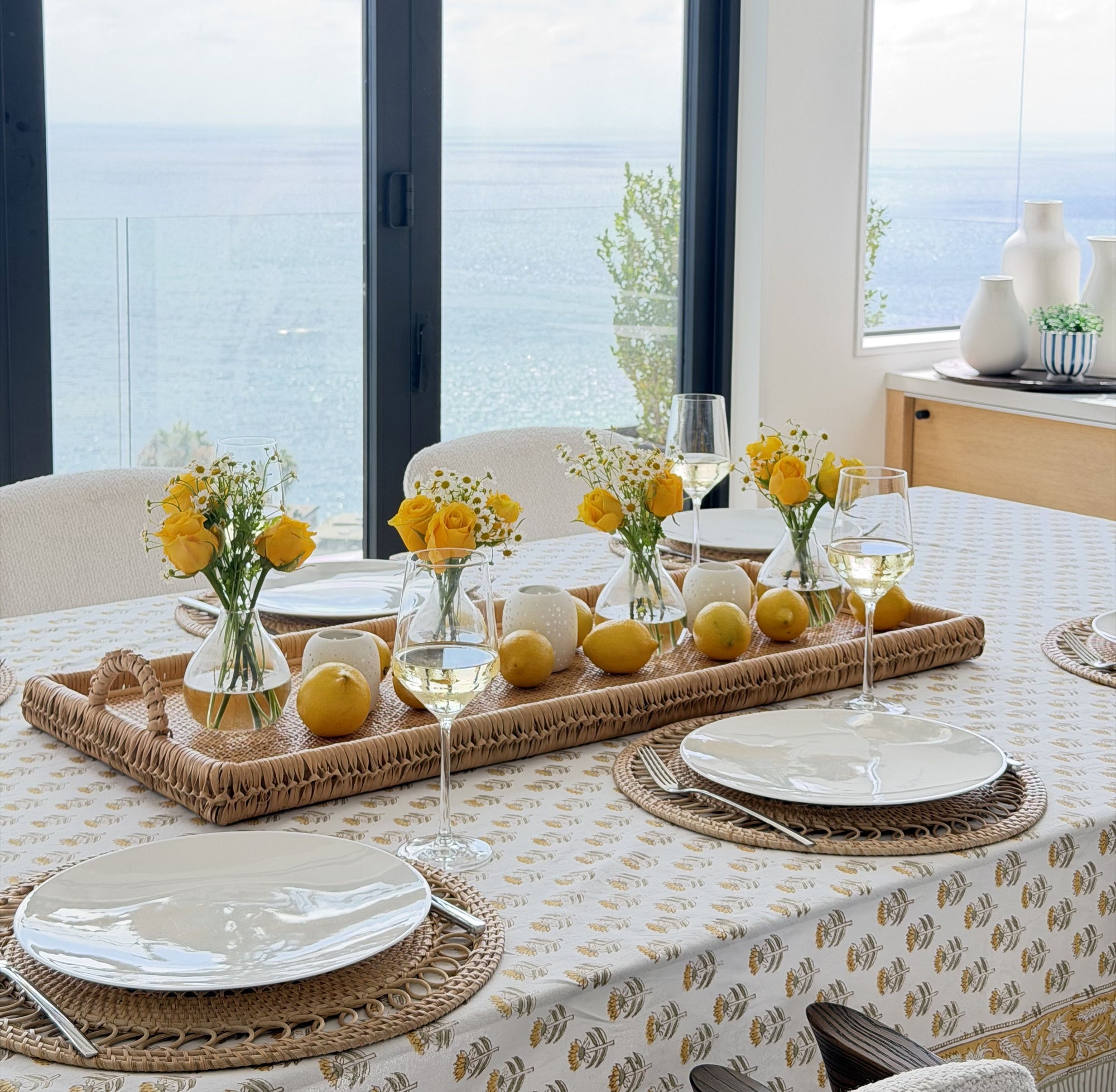 Extra Long Rattan Knotted Serving and Centerpiece Table Tray with Handles, Natural