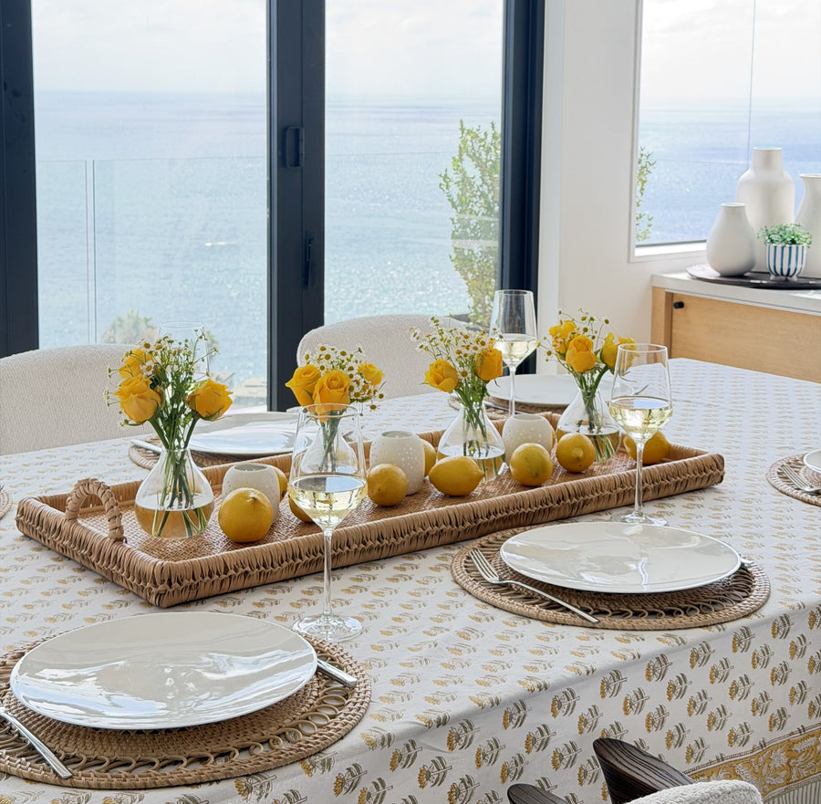 Extra Long Rattan Knotted Serving and Centerpiece Table Tray with Handles, Natural