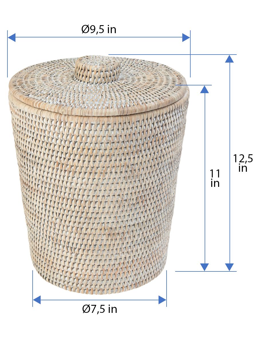 La Jolla Rattan Round Waste Basket with Plastic Insert & Lid. Small
