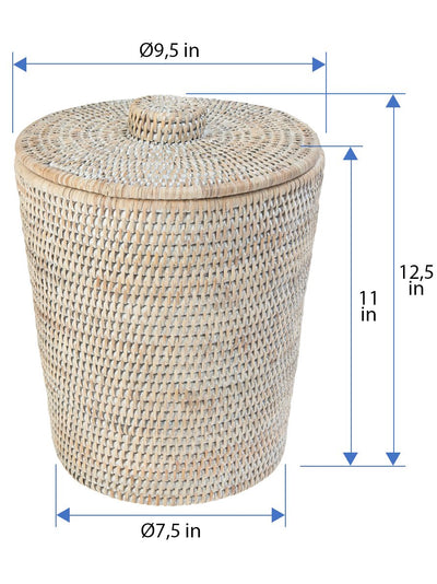 La Jolla Rattan Round Waste Basket with Plastic Insert & Lid. Small