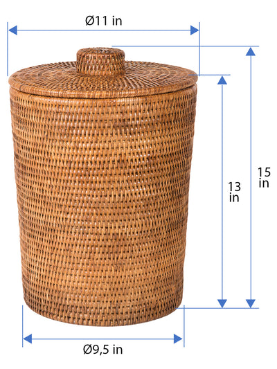 La Jolla Rattan Round Waste Basket with Plastic Insert & Lid, Large