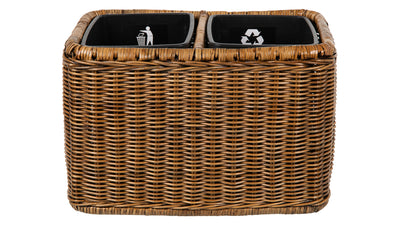 Rattan Double Waste Basket with Plastic Inserts, Antique Brown