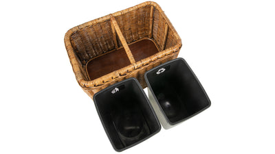 Rattan Double Waste Basket with Plastic Inserts, Antique Brown