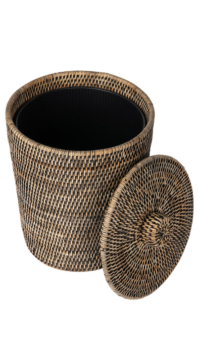 La Jolla Rattan Round Waste Basket with Plastic Insert & Lid. Small