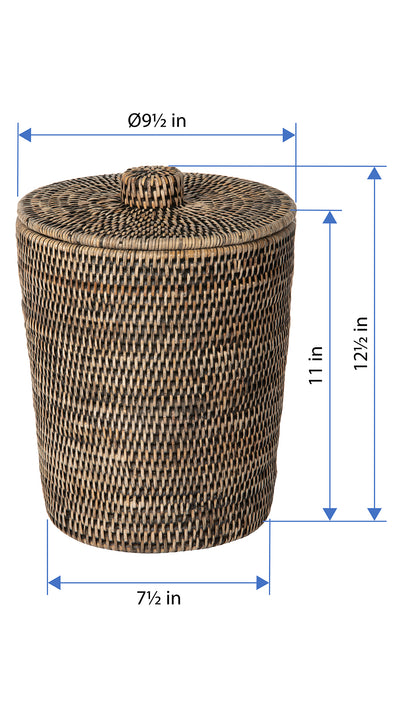 La Jolla Rattan Round Waste Basket with Plastic Insert & Lid. Small