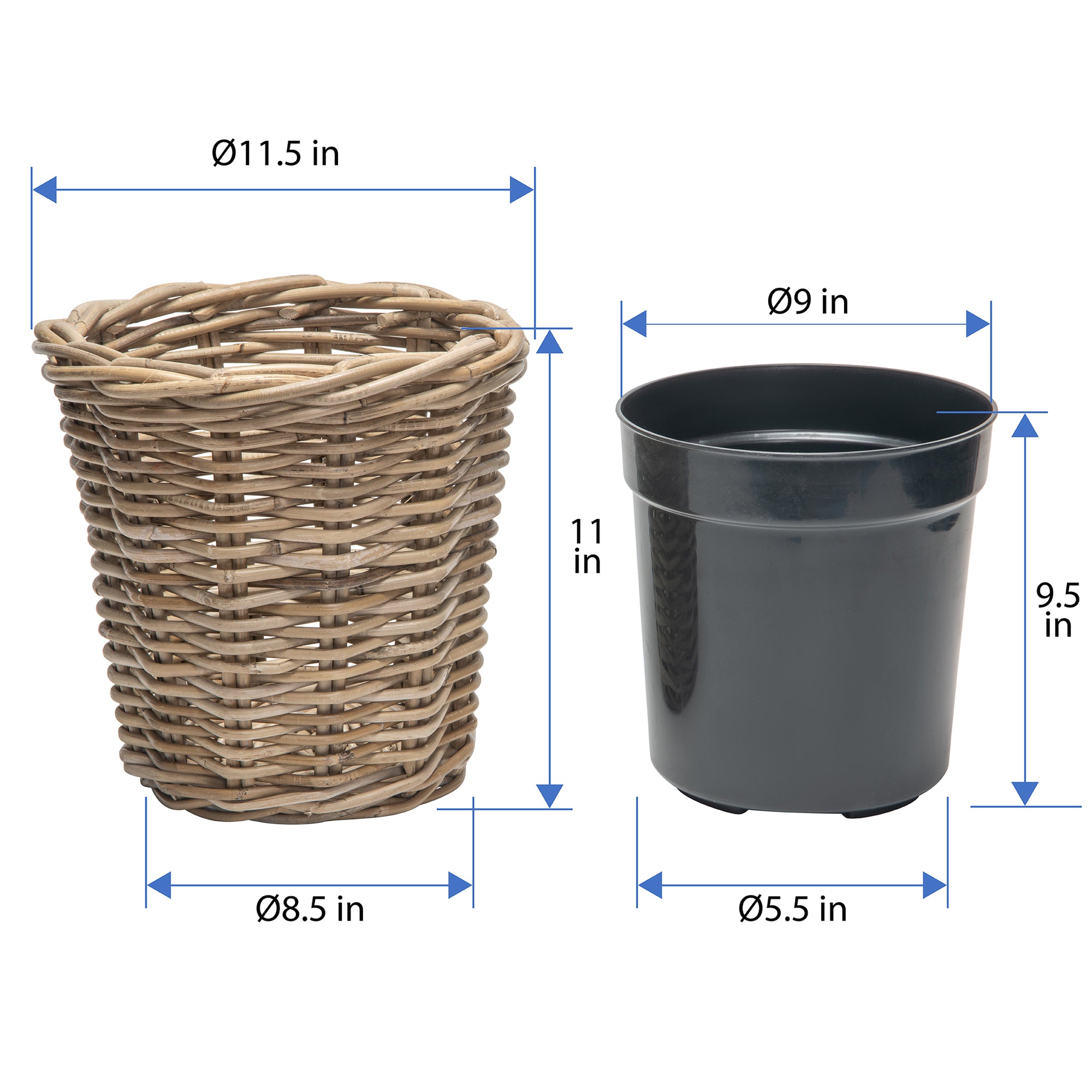 Rattan Kobo Round Waste Basket with Plastic Insert, Gray-Brown