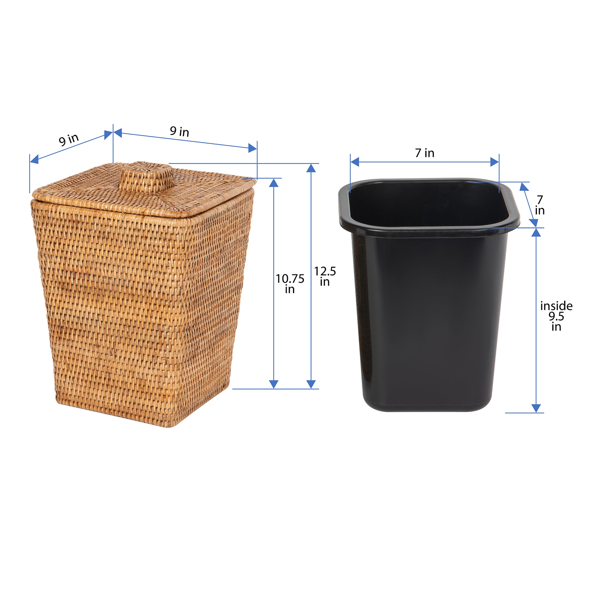 La Jolla Rattan Square Paper Waste Basket and Trash Bin with Lid and Plastic Insert
