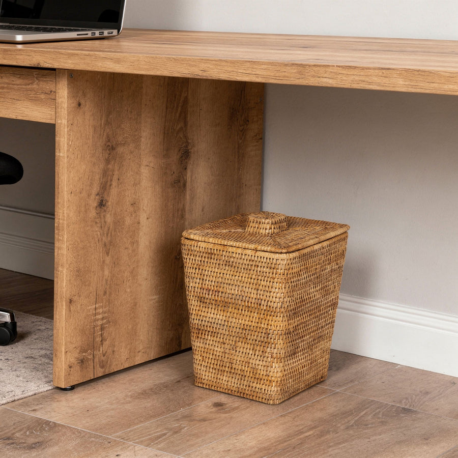 La Jolla Rattan Square Paper Waste Basket and Trash Bin with Lid and Plastic Insert