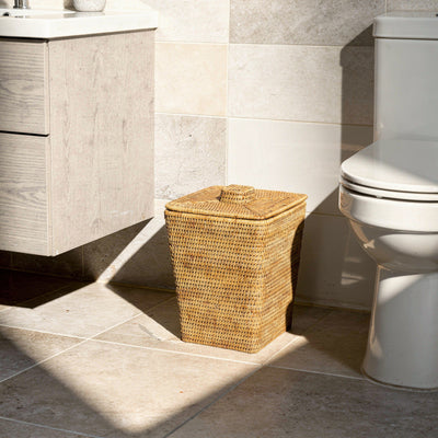 La Jolla Rattan Square Paper Waste Basket and Trash Bin with Lid and Plastic Insert