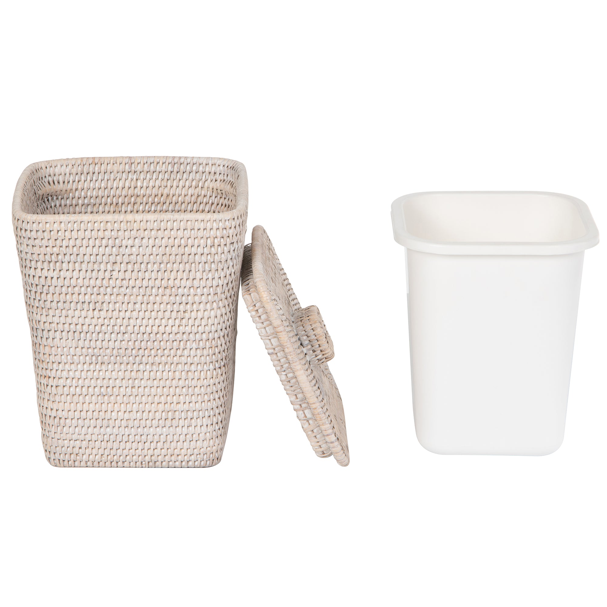 La Jolla Rattan Square Paper Waste Basket and Trash Bin with Lid and Plastic Insert