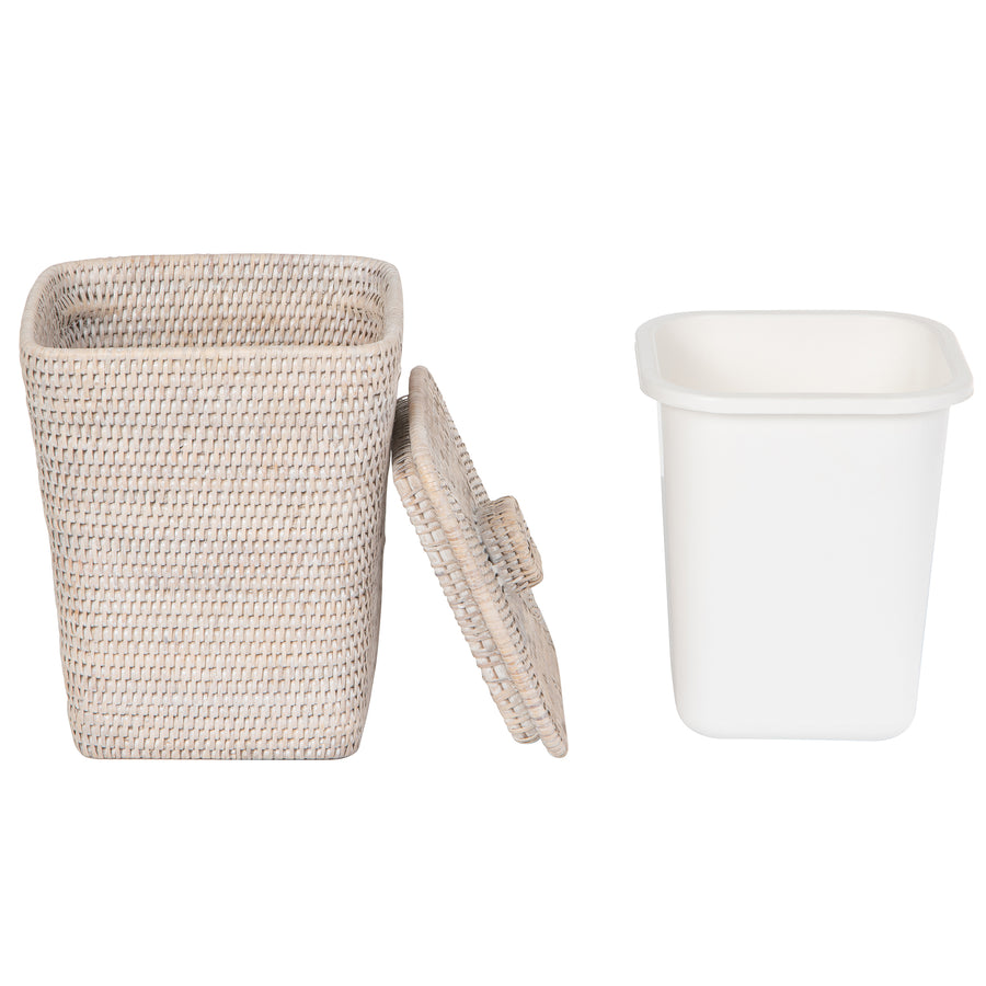 La Jolla Rattan Square Paper Waste Basket and Trash Bin with Lid and Plastic Insert