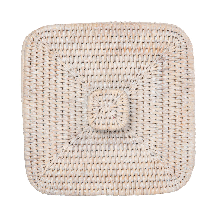 La Jolla Rattan Square Paper Waste Basket and Trash Bin with Lid and Plastic Insert