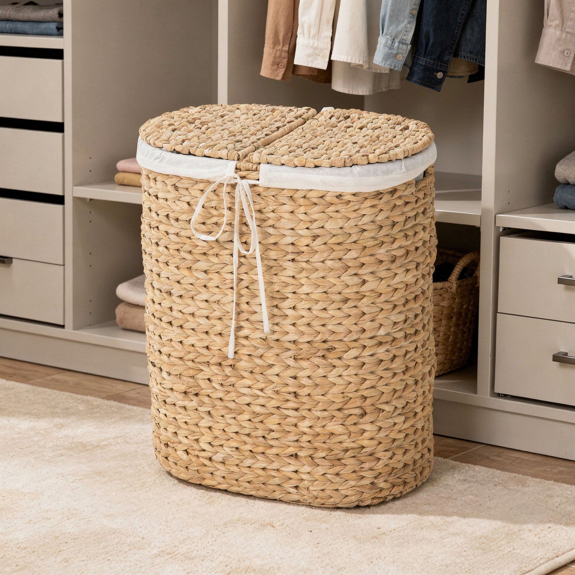 Oval Seagrass Laundry Sorter Hamper w/Liner, Natural