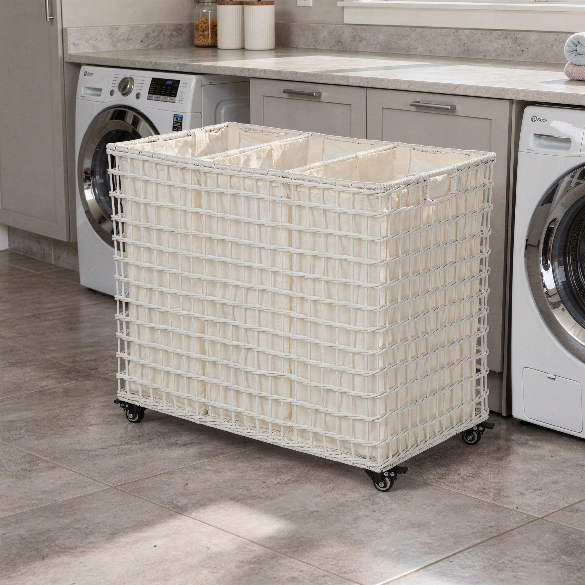 Wicker 3-Bag Rolling Laundry Sorter & Hamper with Caster Wheels