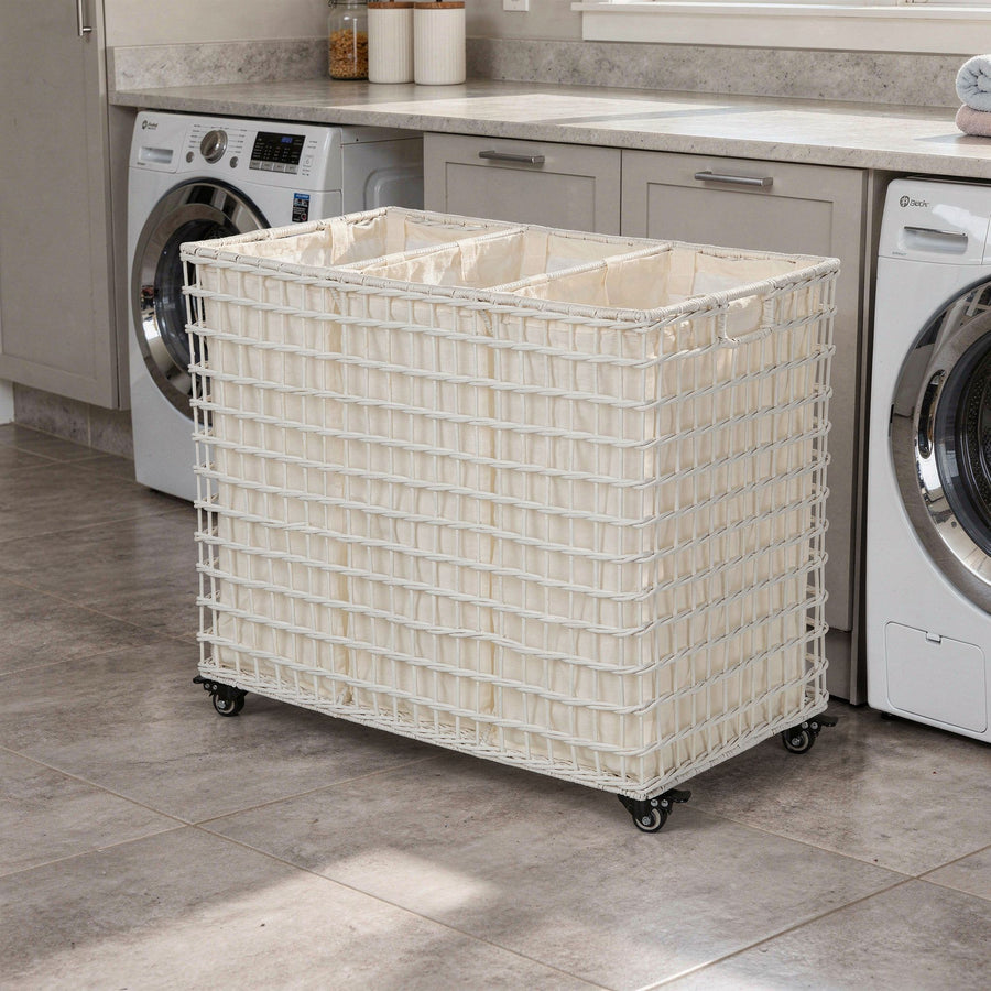 Wicker 3-Bag Rolling Laundry Sorter & Hamper with Caster Wheels