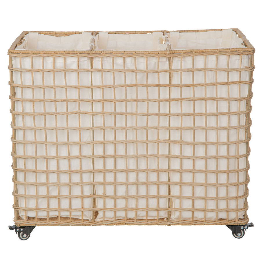 Wicker 3-Bag Rolling Laundry Sorter & Hamper with Caster Wheels
