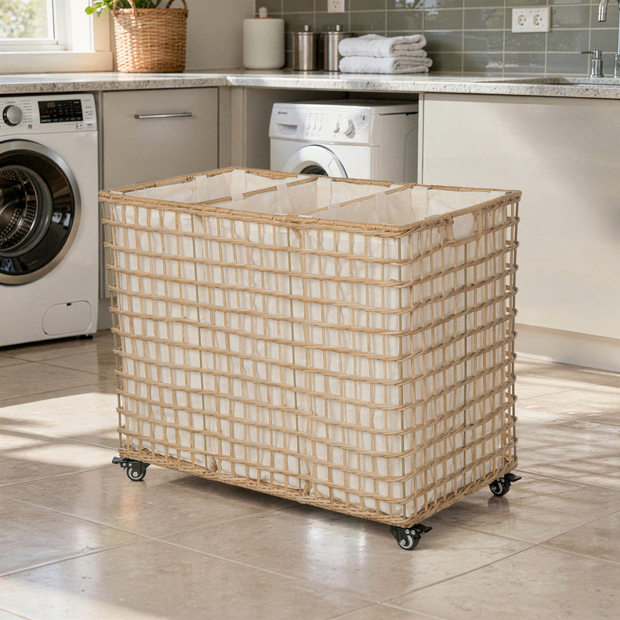 Wicker 3-Bag Rolling Laundry Sorter & Hamper with Caster Wheels