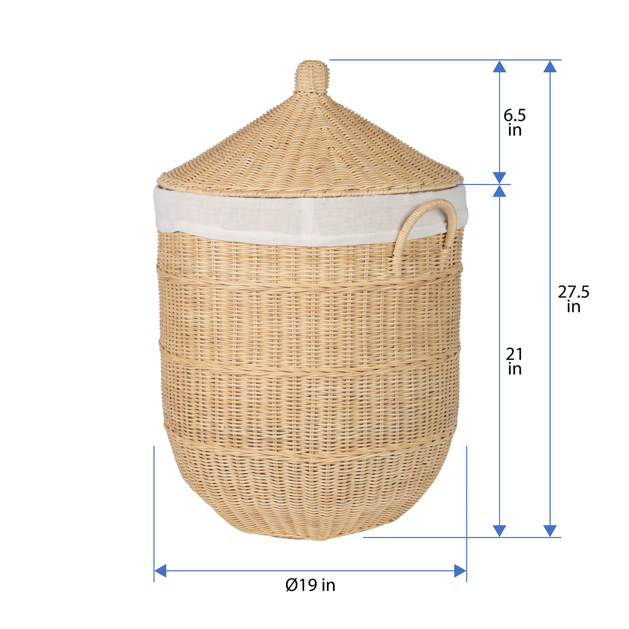 Noor Round Wicker Hamper Laundry  Storage Basket with Liner, Natural